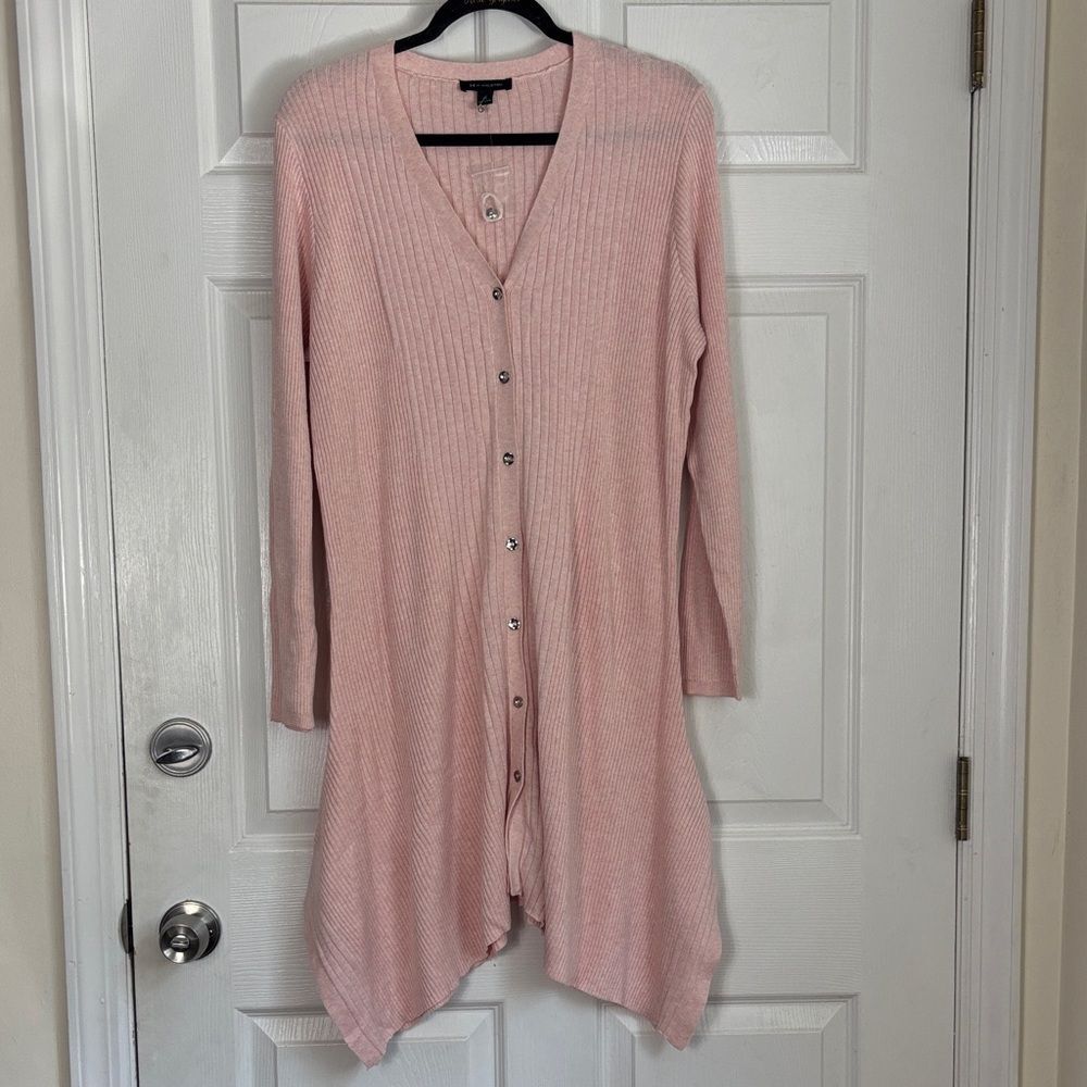 New H by HALSTON pink ribbed cardigan size XL cotton blend shark bite hem v neck